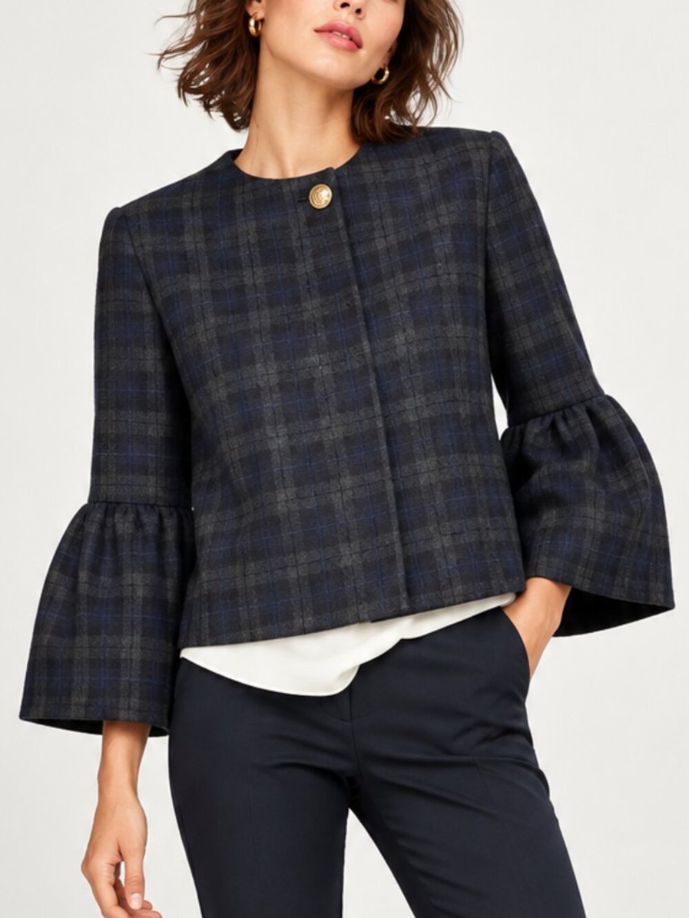Zara Navy Tartan Plaid Bell Sleeve Collarless Jacket Blazer SZ Medium Old Money